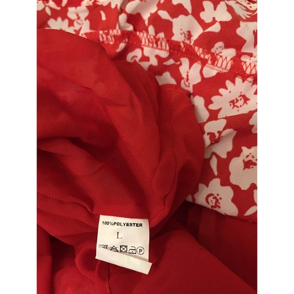 Women’s Red & White Floral Dress, LARGE, Smocked, Tiered Sheer - Picture 13 of 14